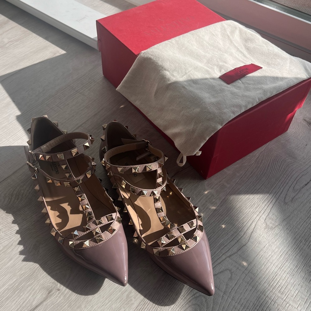 Valentino Dark Mauve Rockstud Caged Ankle Strap Flats